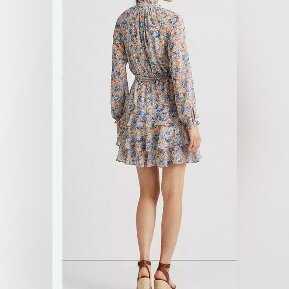 LAUREN RALPH LAUREN FLORAL CRINKLE GEORGETTE TIE NECK TIERED DRESS SIZE 10 - Picture 2 of 15